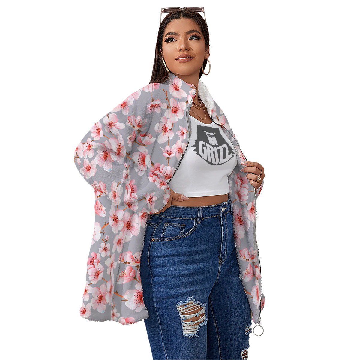 Cherry Blossom Pink Sakura Print Pattern Women's Sherpa Jacket-grizzshop
