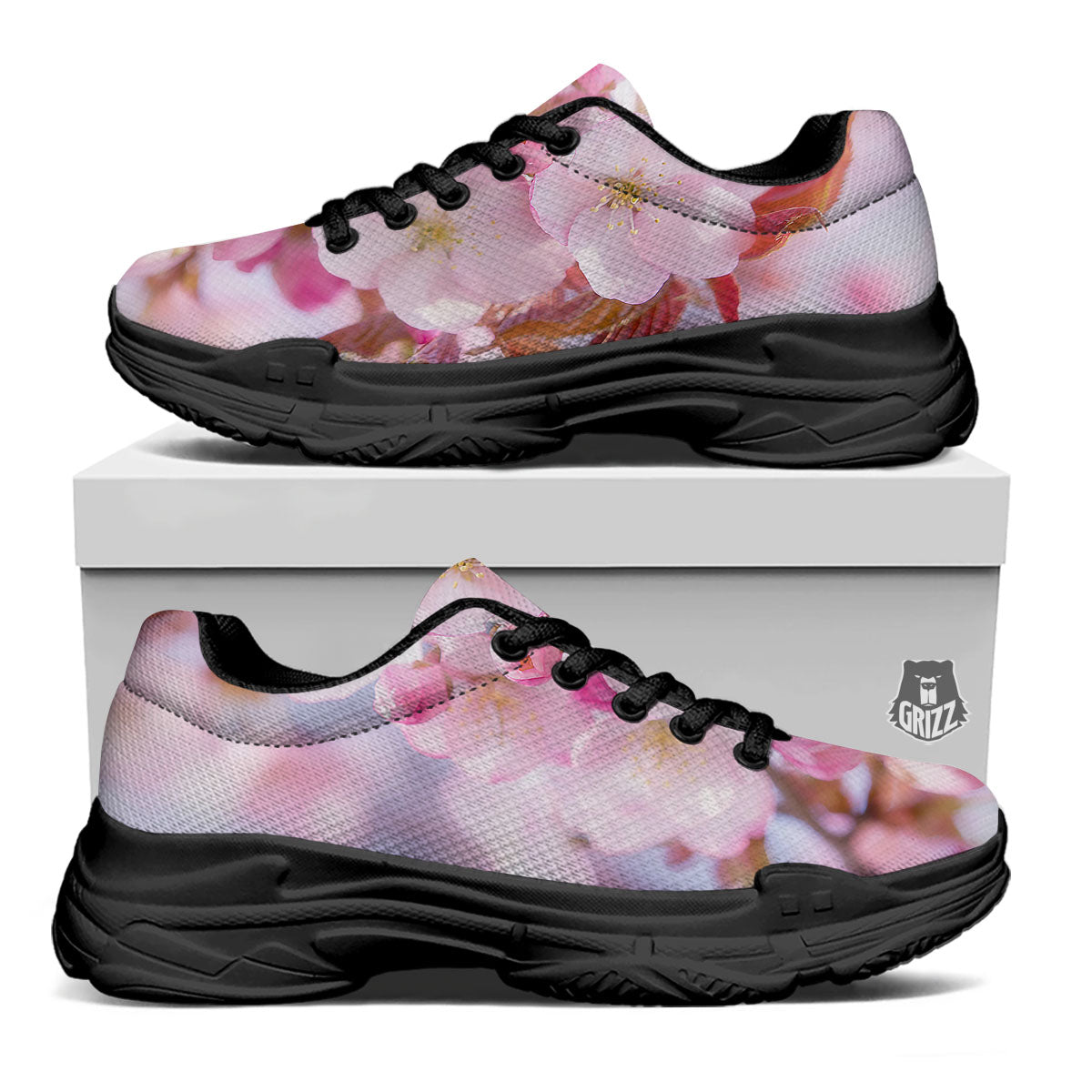 Cherry Blossom Sakura Flower Print Black Chunky Shoes-grizzshop