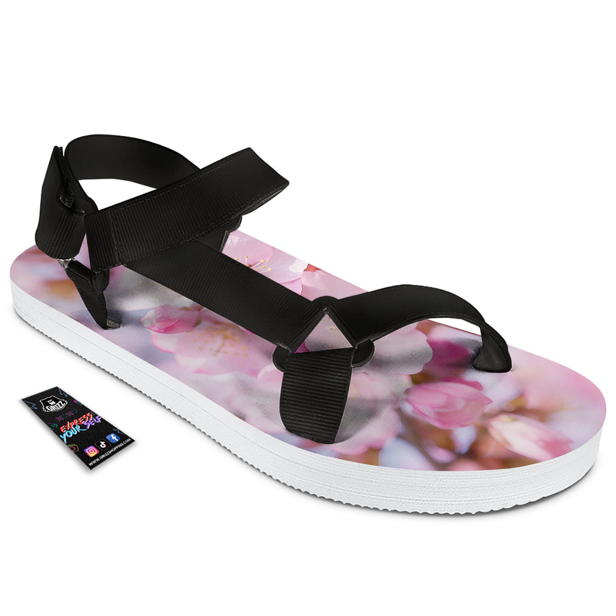 Cherry Blossom Sakura Flower Print Black Open Toe Sandals-grizzshop