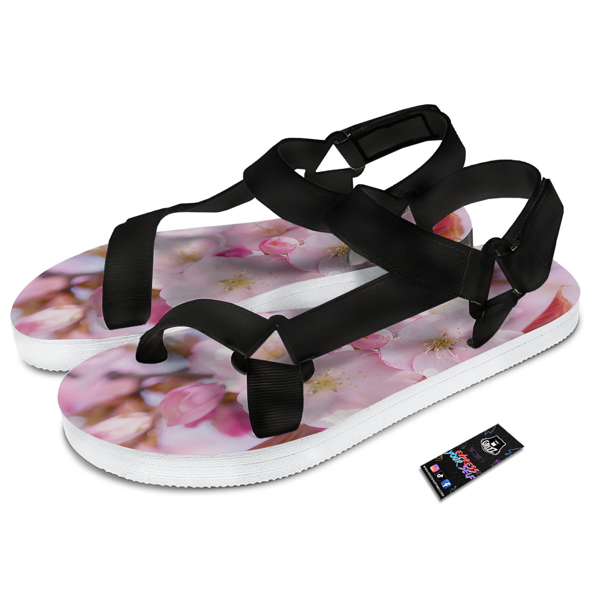 Cherry Blossom Sakura Flower Print Black Open Toe Sandals-grizzshop