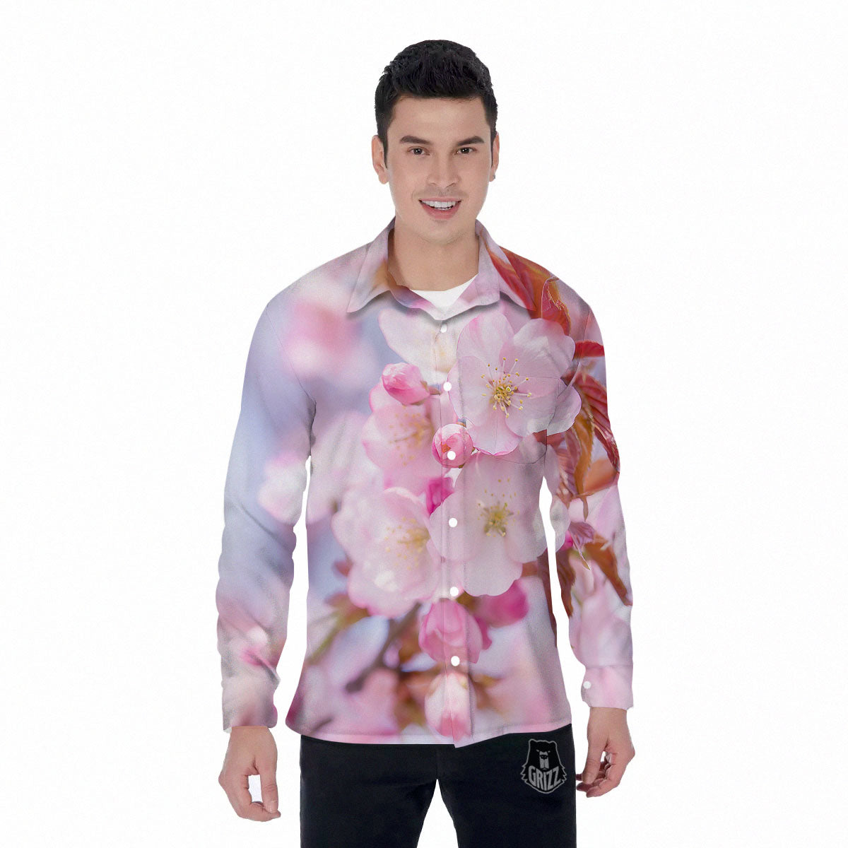 Cherry Blossom Sakura Flower Print Men's Long Sleeve Shirts-grizzshop