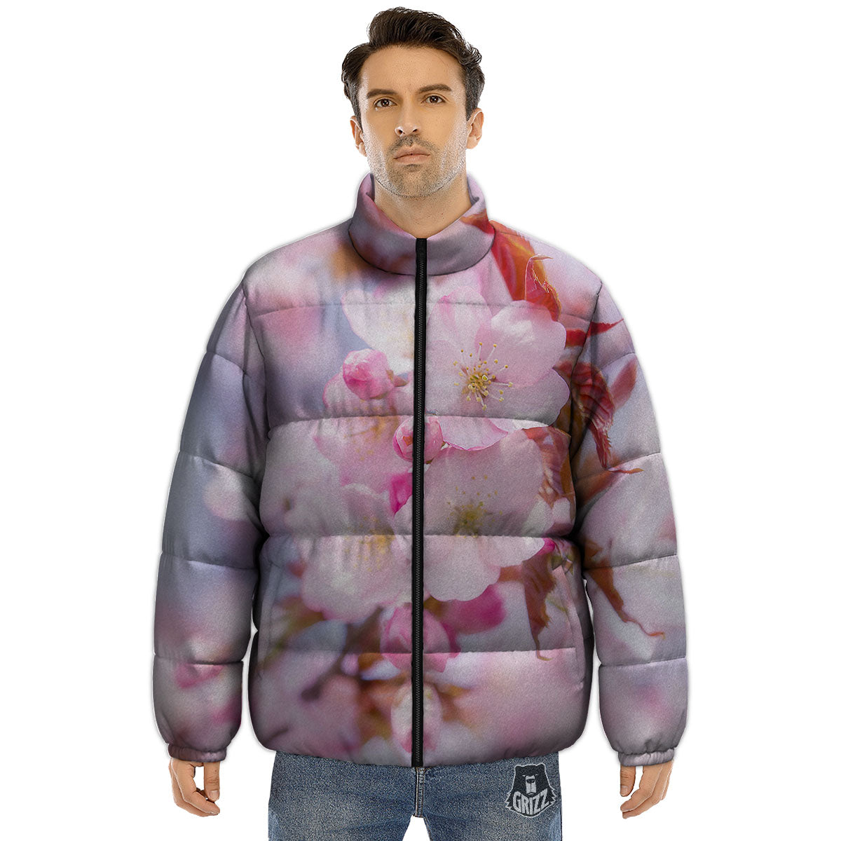 Cherry Blossom Sakura Flower Print Puffer Jacket-grizzshop