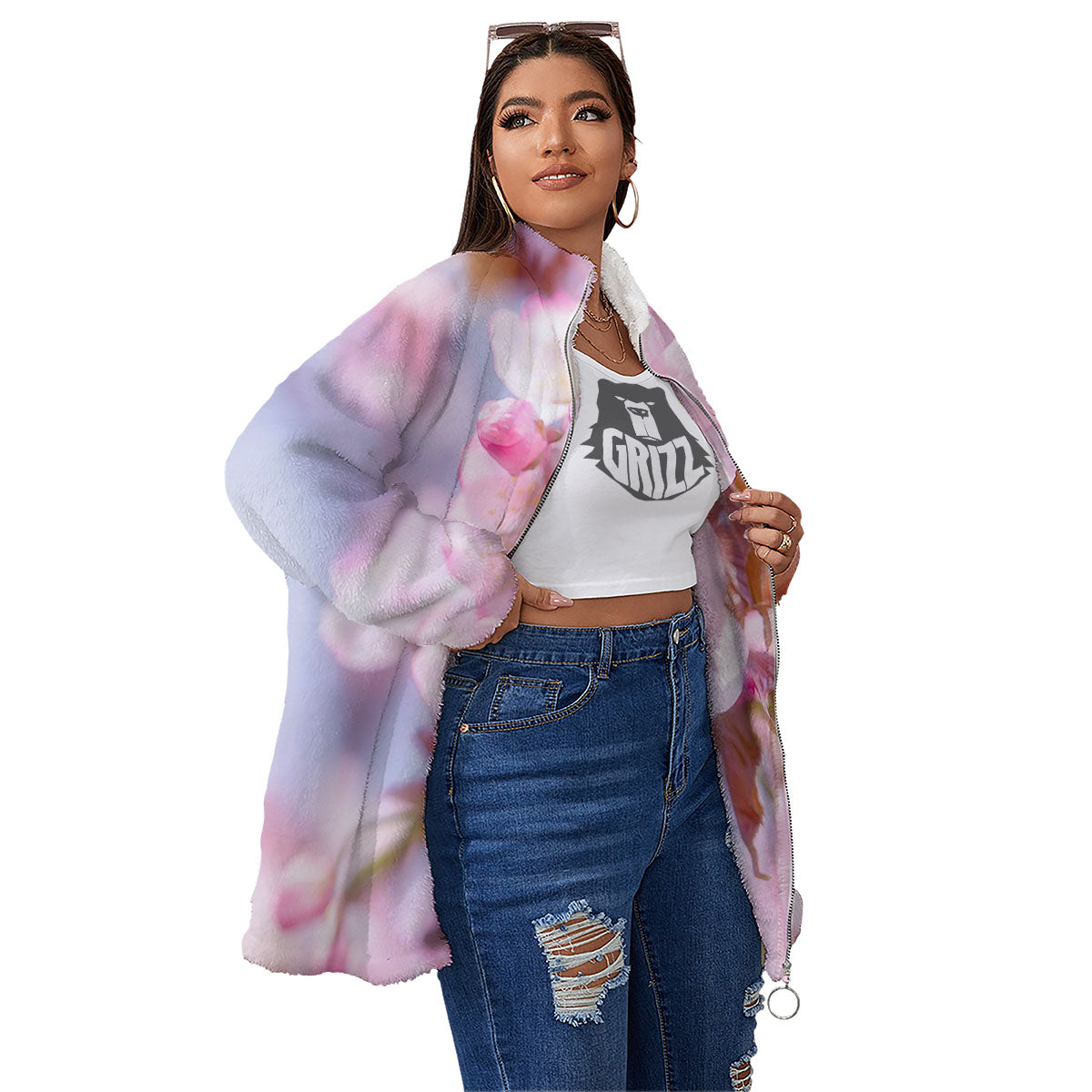 Cherry Blossom Sakura Flower Print Women's Sherpa Jacket-grizzshop
