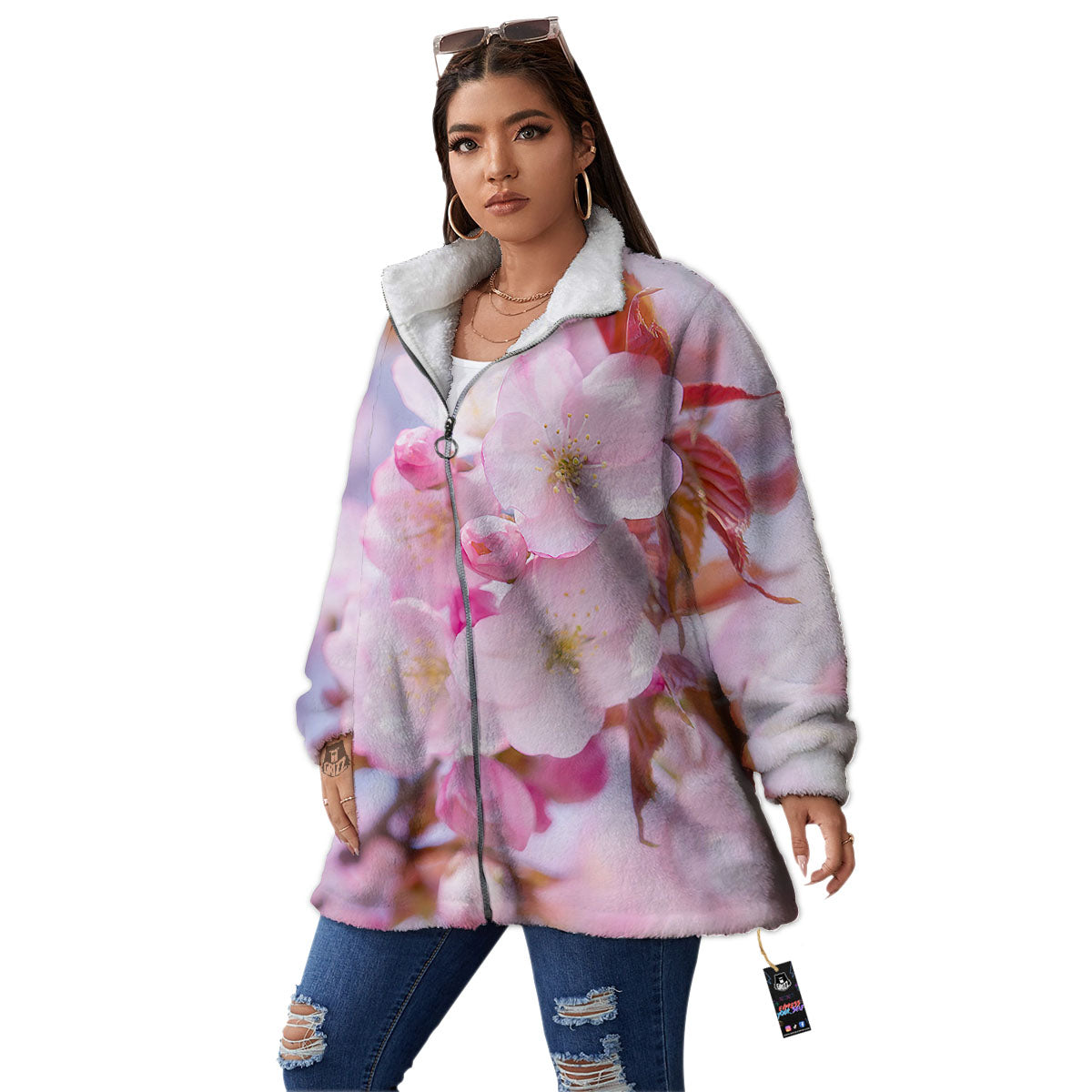 Cherry Blossom Sakura Flower Print Women's Sherpa Jacket-grizzshop
