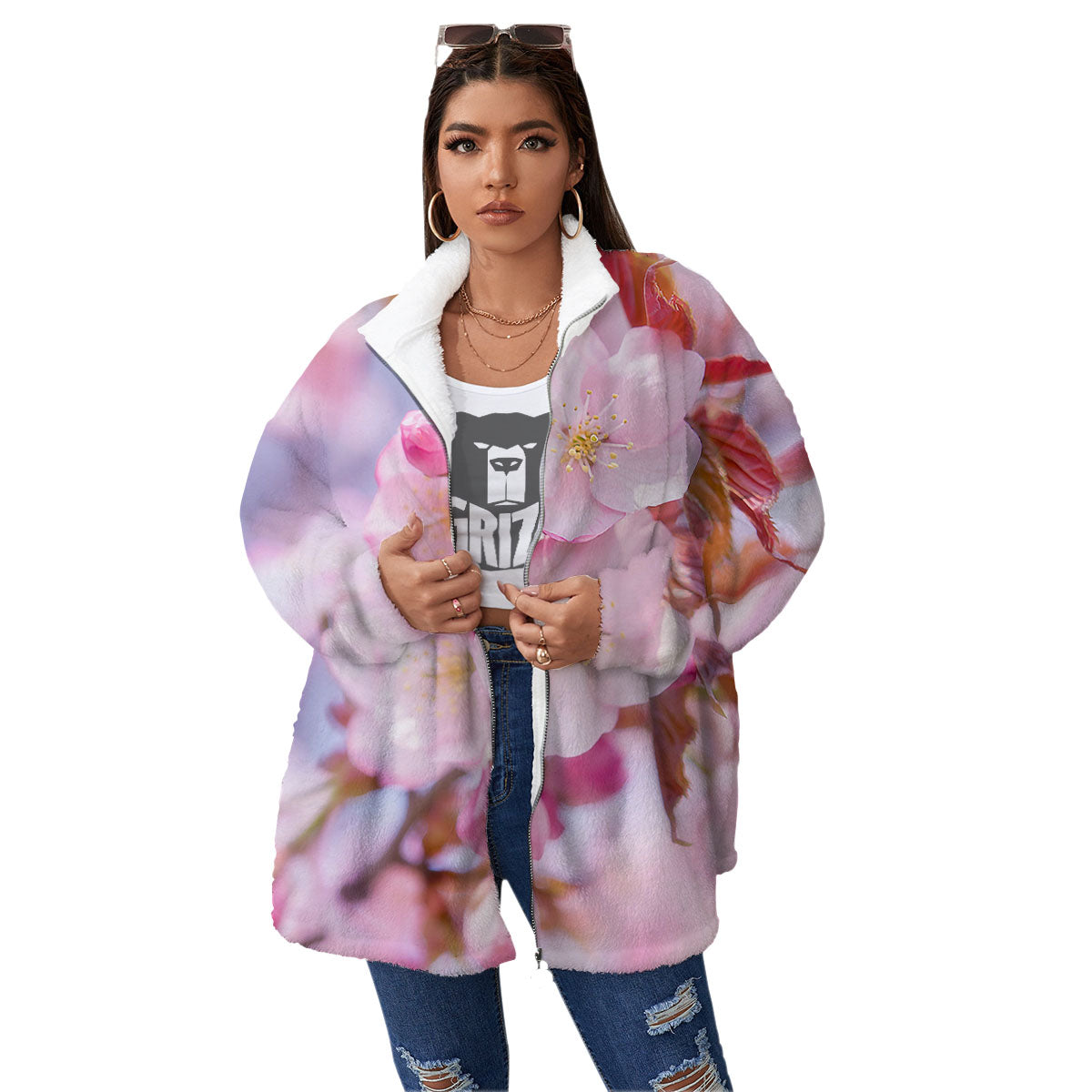 Cherry Blossom Sakura Flower Print Women's Sherpa Jacket-grizzshop