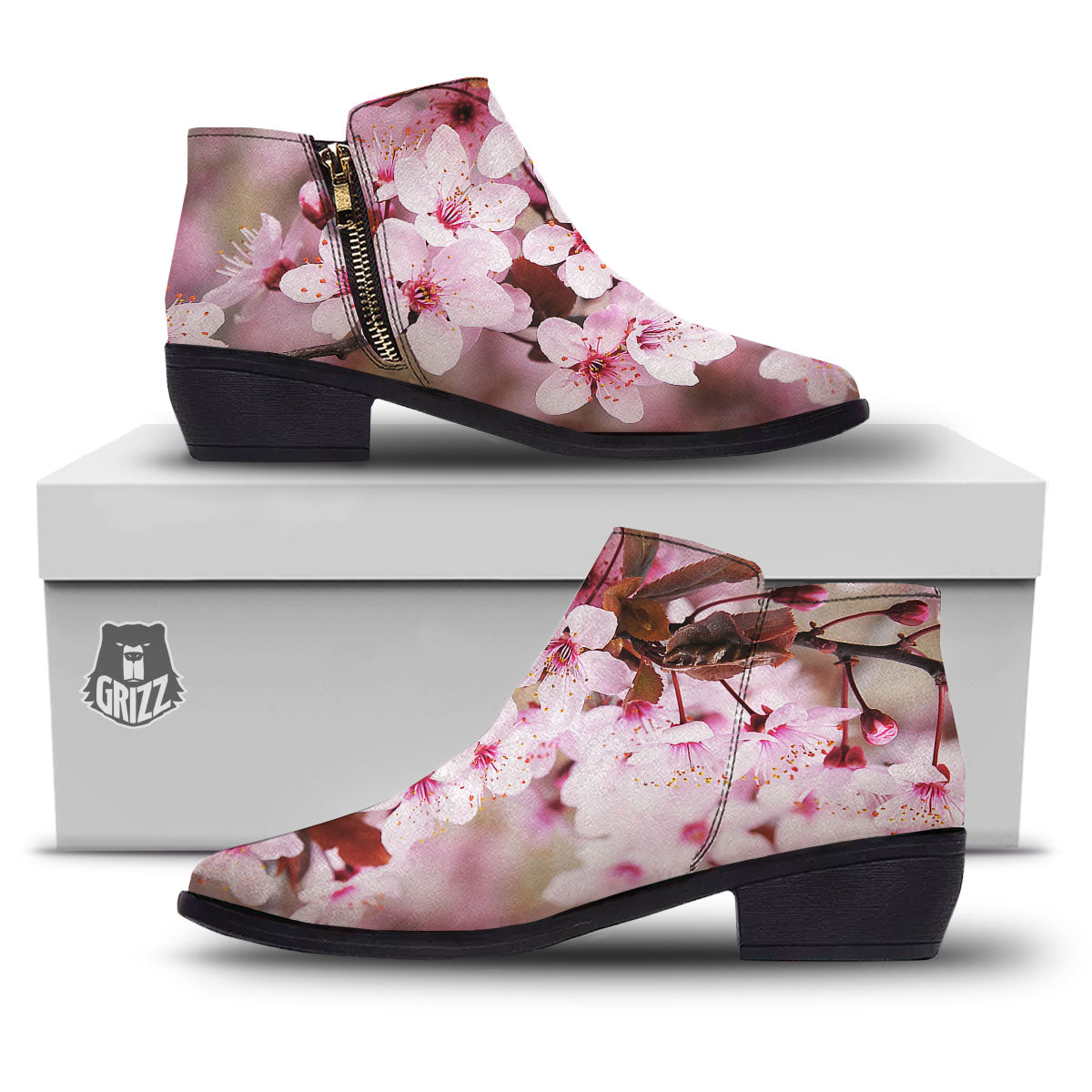Cherry Blossom Sakura Print Ankle Boots-grizzshop