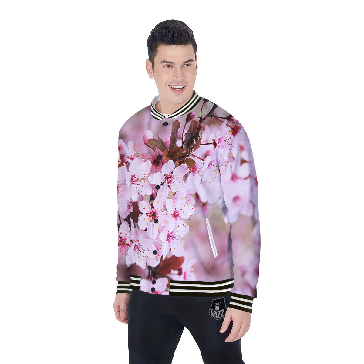 Cherry Blossom Sakura Print Baseball Jacket-grizzshop