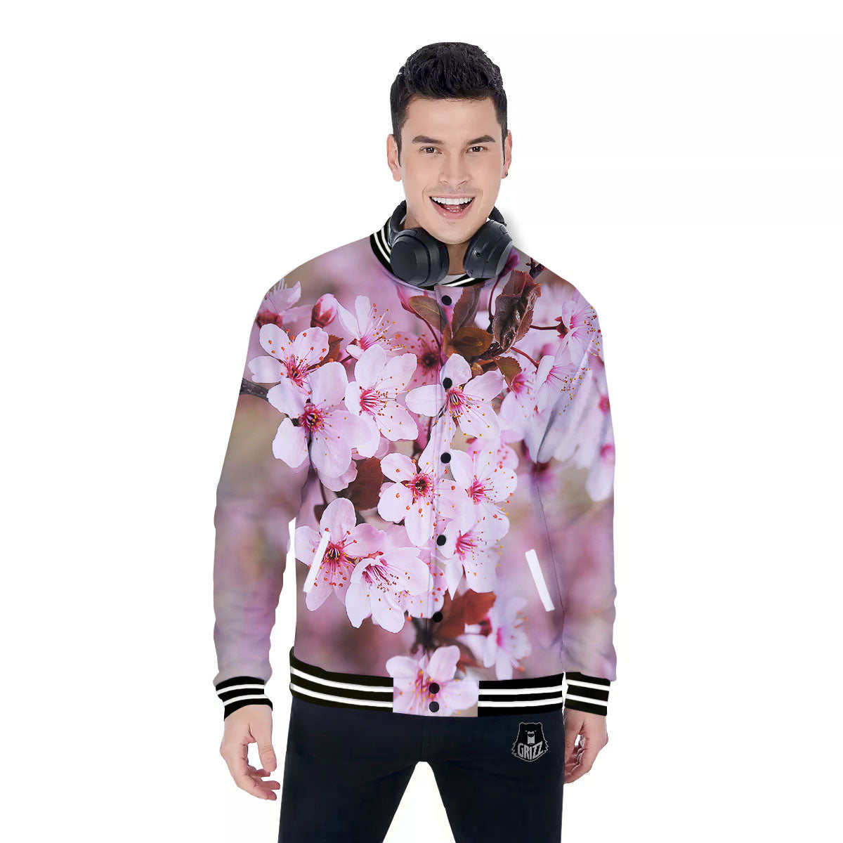 Cherry Blossom Sakura Print Baseball Jacket-grizzshop