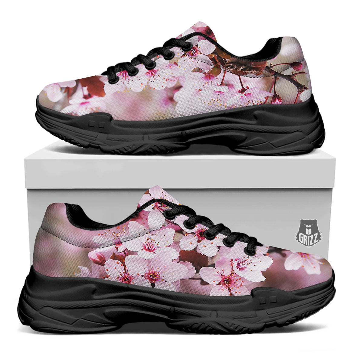Cherry Blossom Sakura Print Black Chunky Shoes-grizzshop