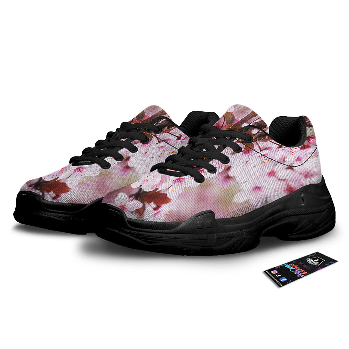 Cherry Blossom Sakura Print Black Chunky Shoes-grizzshop