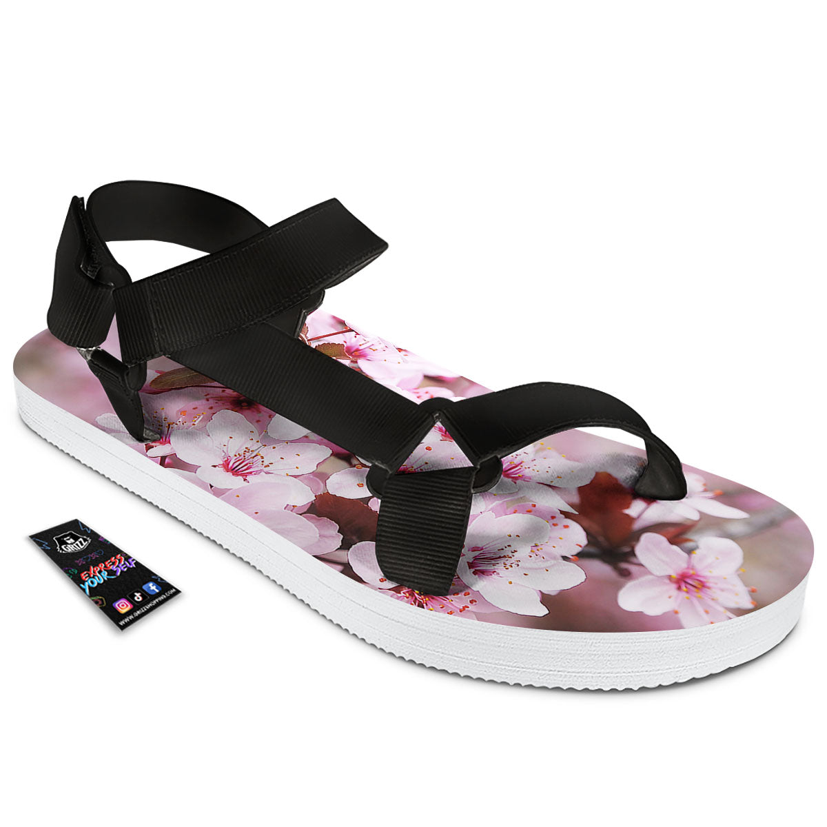 Cherry Blossom Sakura Print Black Open Toe Sandals-grizzshop