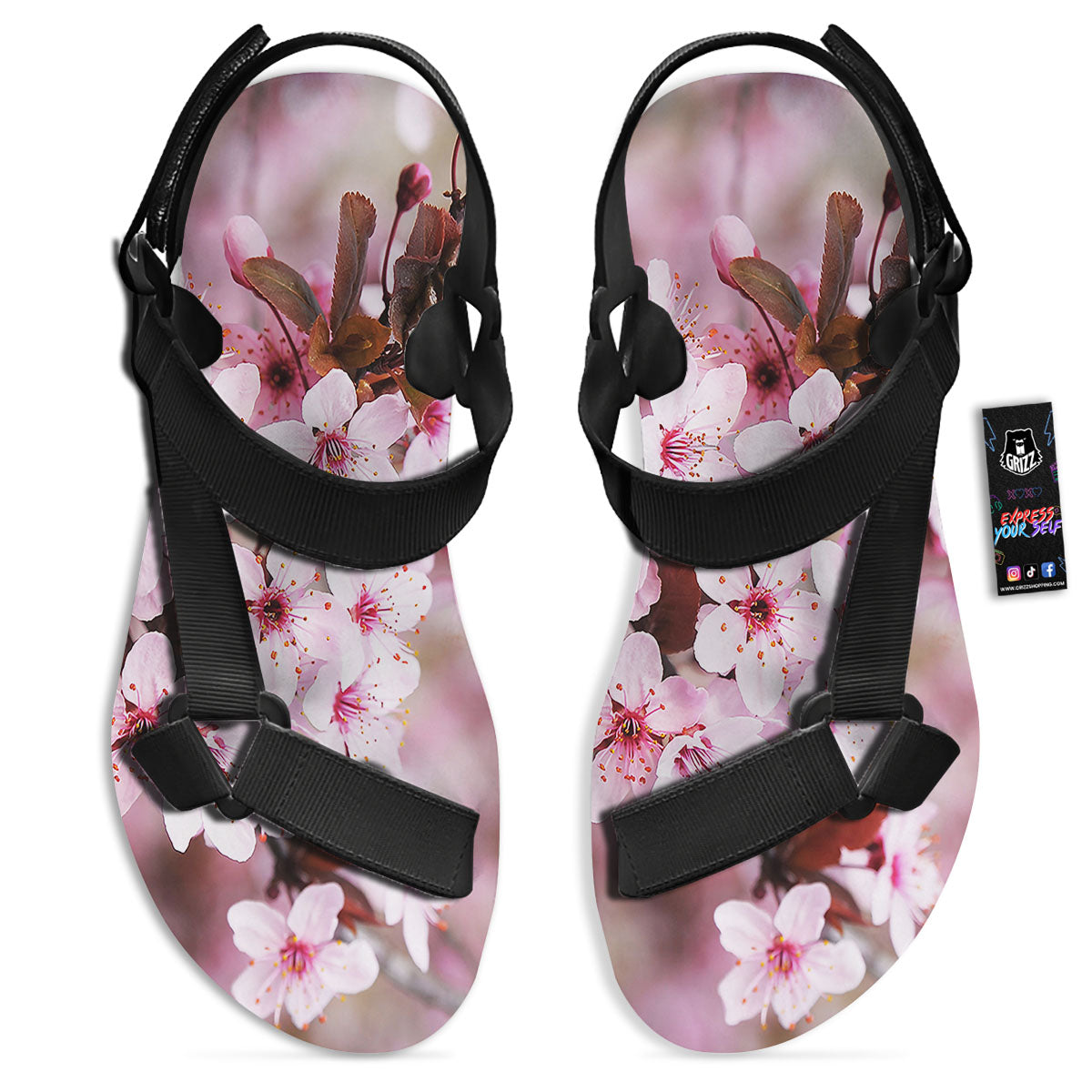 Cherry Blossom Sakura Print Black Open Toe Sandals-grizzshop