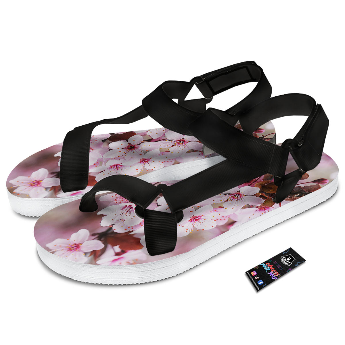 Cherry Blossom Sakura Print Black Open Toe Sandals-grizzshop