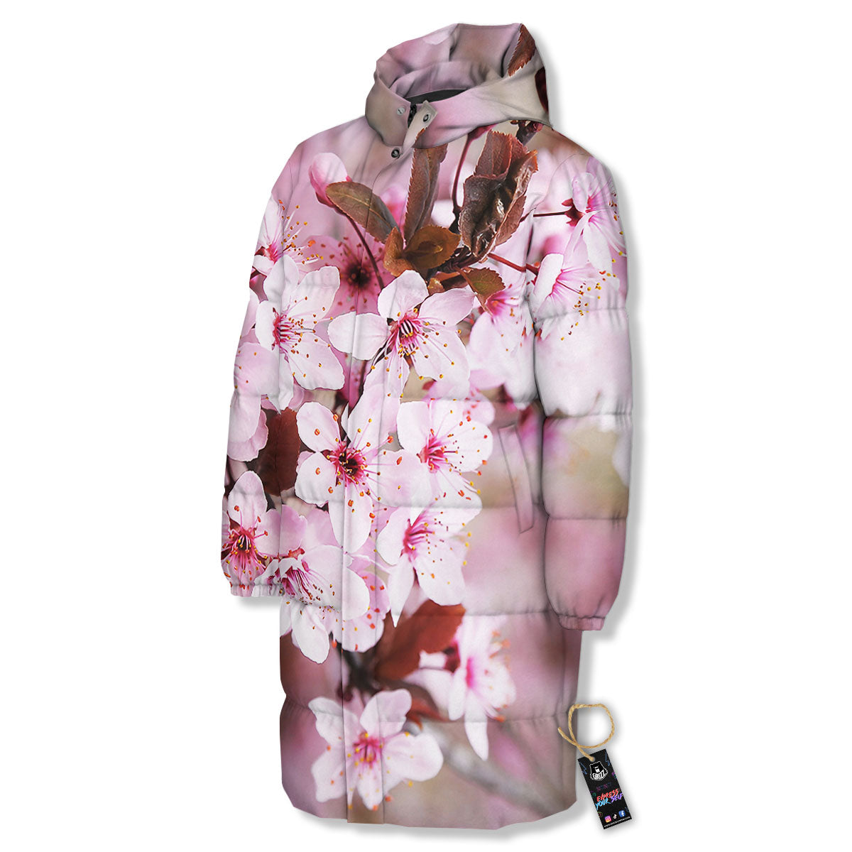 Cherry Blossom Sakura Print Long Down Jacket-grizzshop