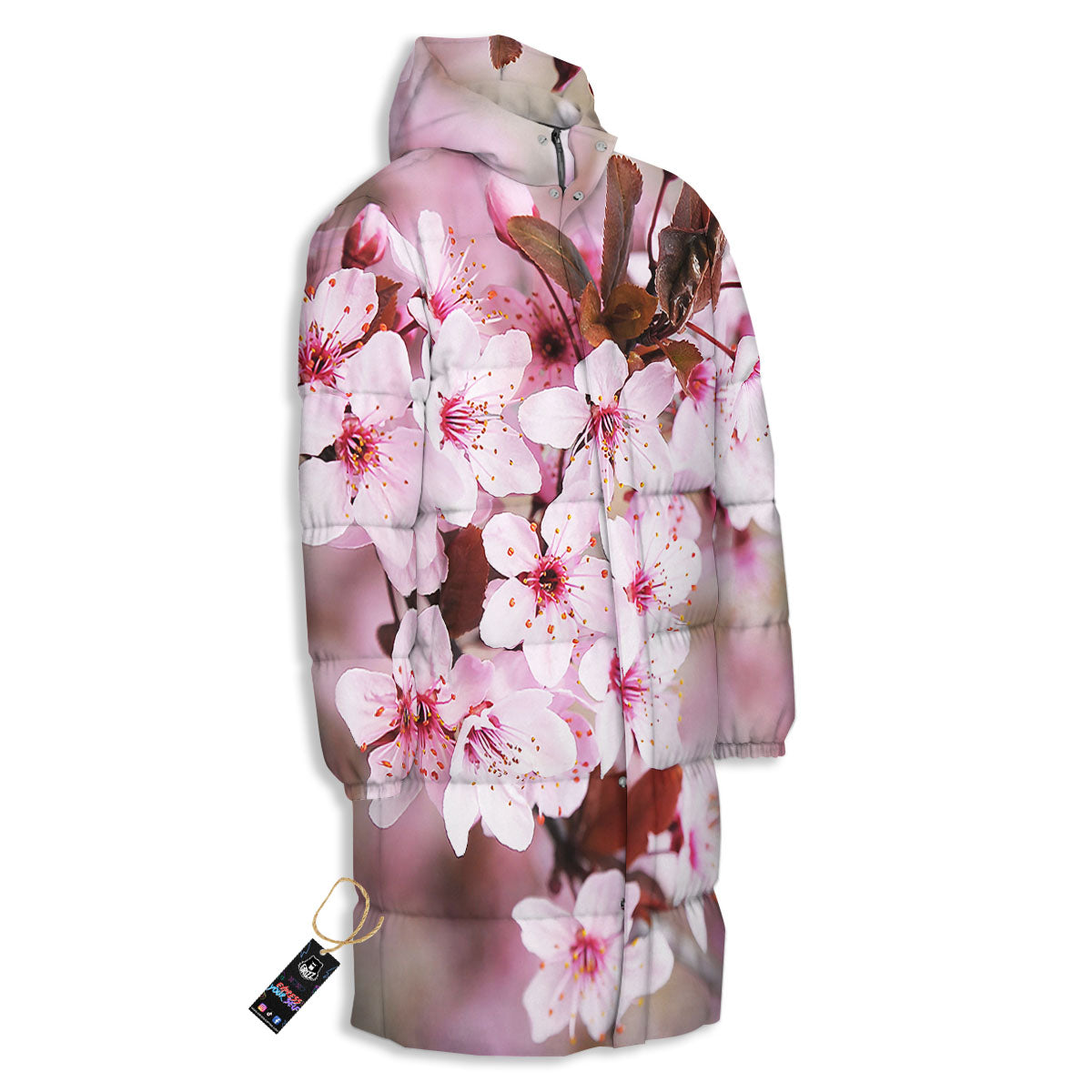 Cherry Blossom Sakura Print Long Down Jacket-grizzshop
