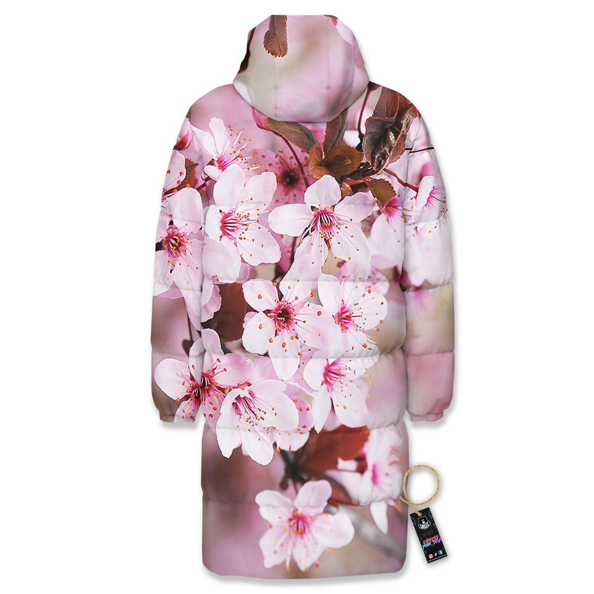 Cherry Blossom Sakura Print Long Down Jacket-grizzshop