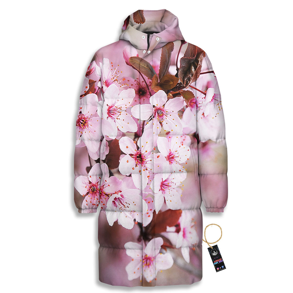 Cherry Blossom Sakura Print Long Down Jacket-grizzshop