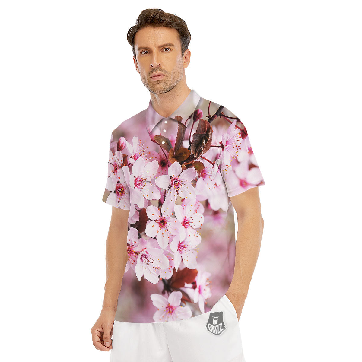 Cherry Blossom Sakura Print Men's Golf Shirts-grizzshop