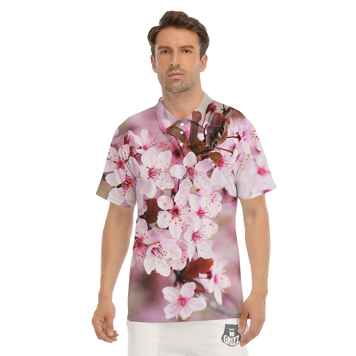 Cherry Blossom Sakura Print Men's Golf Shirts-grizzshop