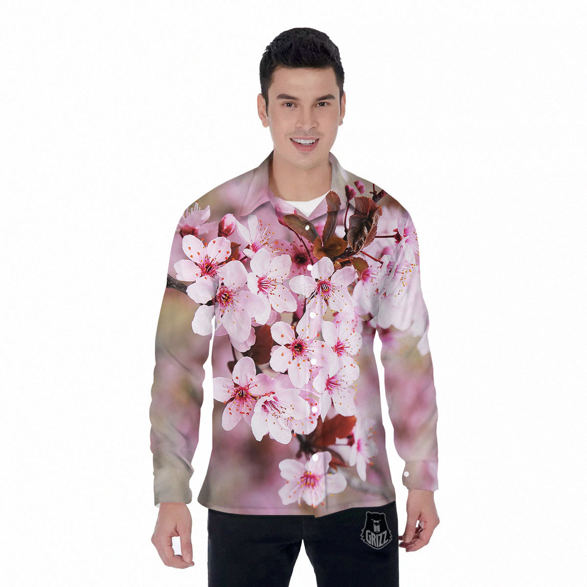 Cherry Blossom Sakura Print Men's Long Sleeve Shirts-grizzshop