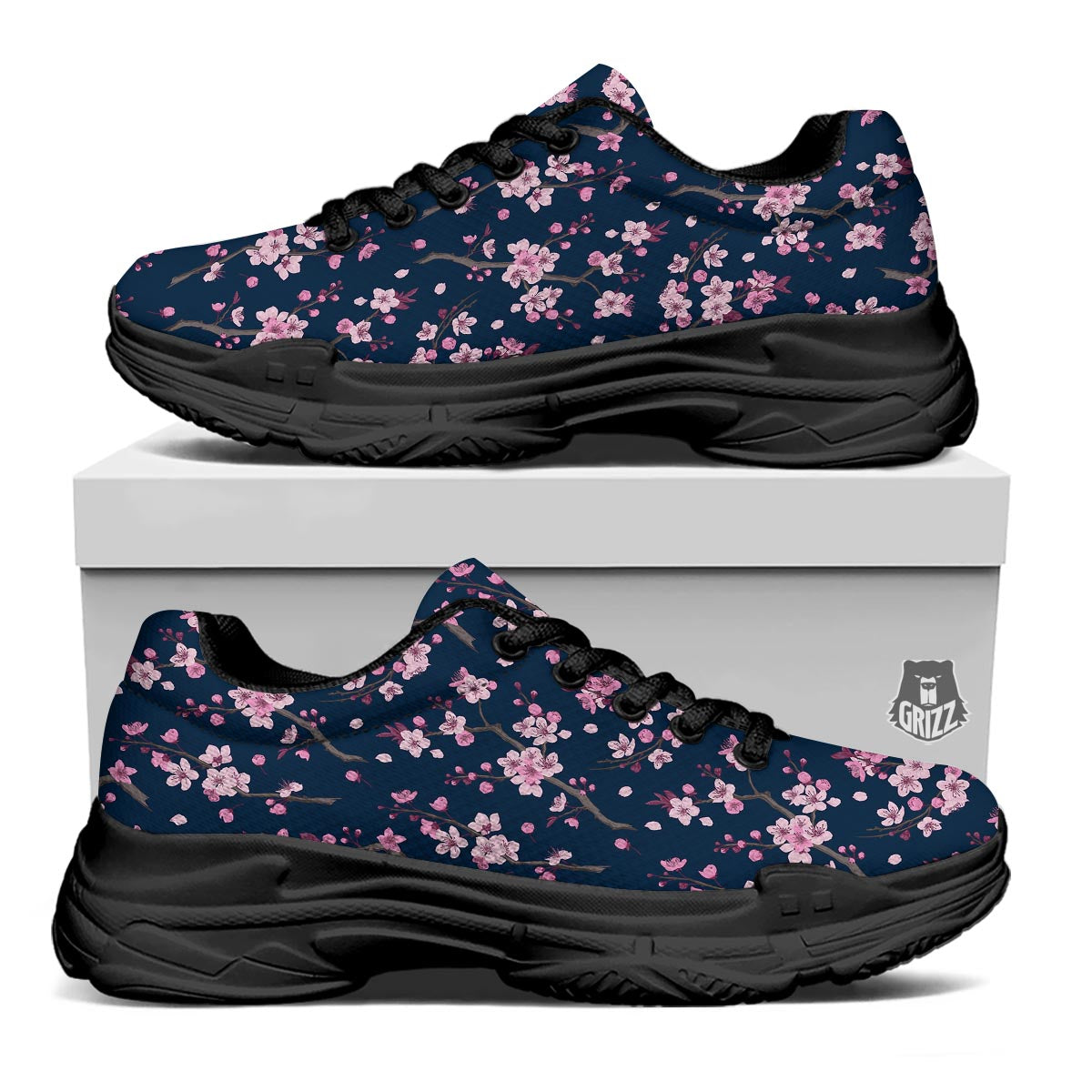 Cherry Blossom Sakura Print Pattern Black Chunky Shoes-grizzshop