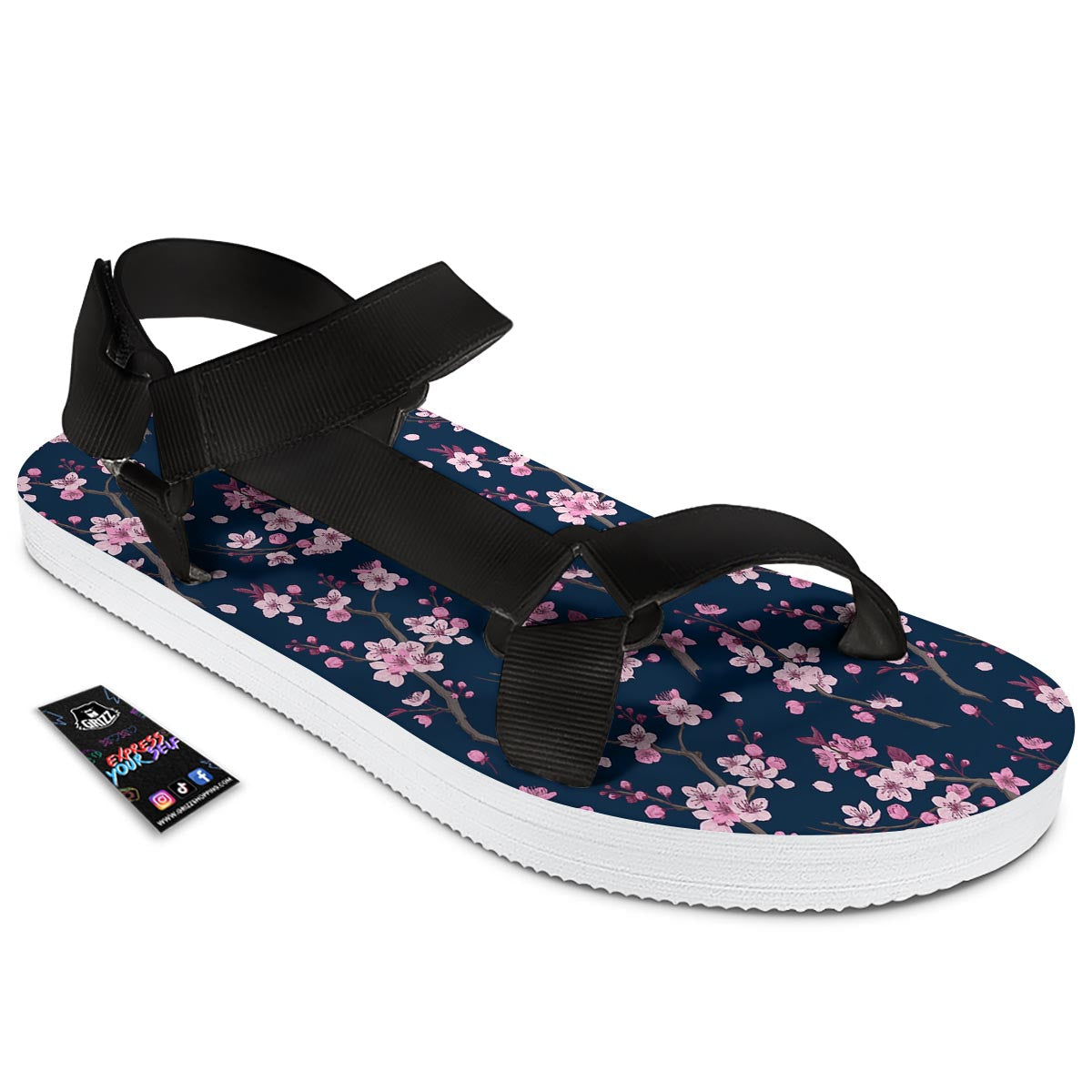 Cherry Blossom Sakura Print Pattern Black Open Toe Sandals-grizzshop