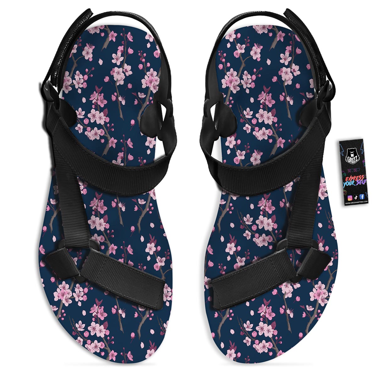 Cherry Blossom Sakura Print Pattern Black Open Toe Sandals-grizzshop