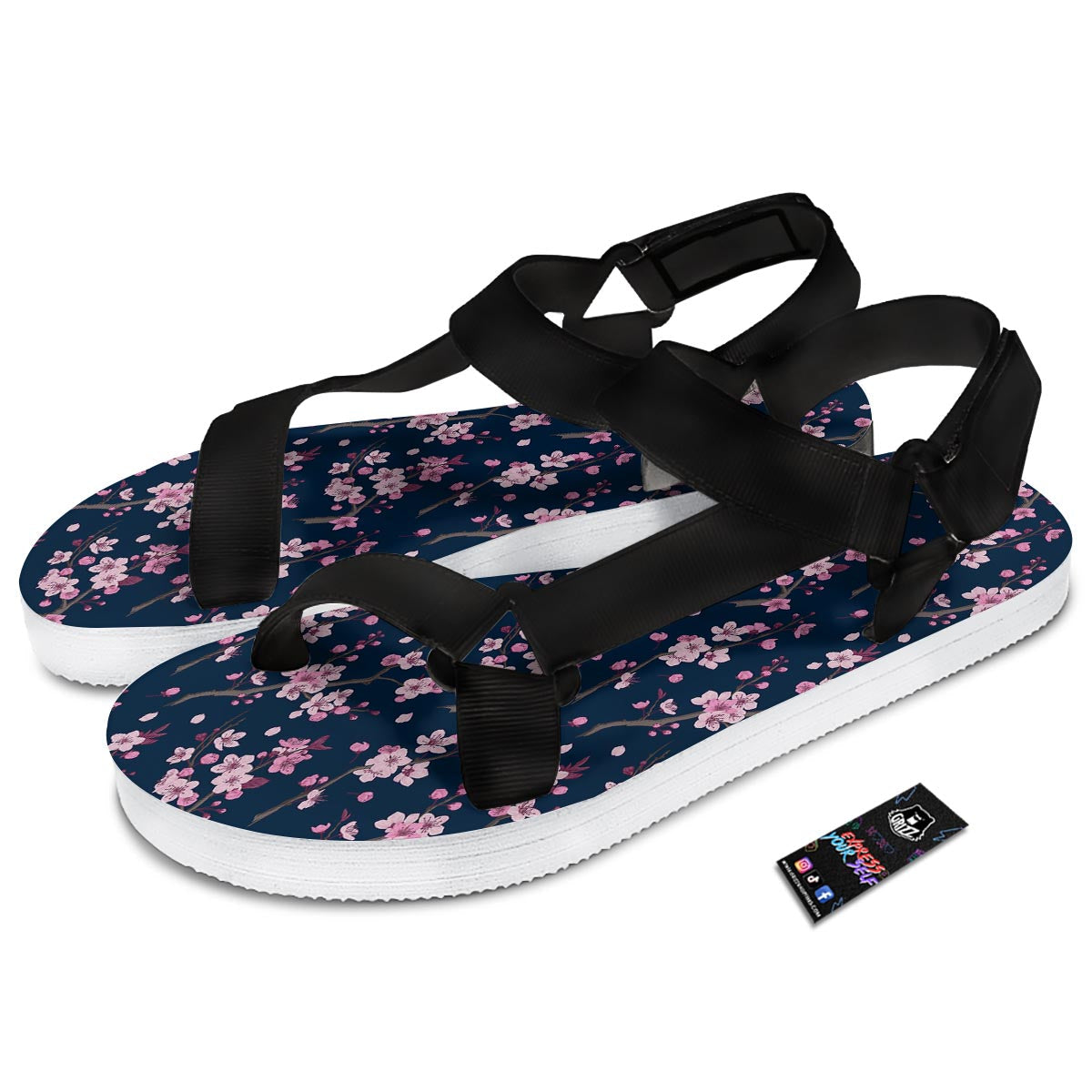 Cherry Blossom Sakura Print Pattern Black Open Toe Sandals-grizzshop