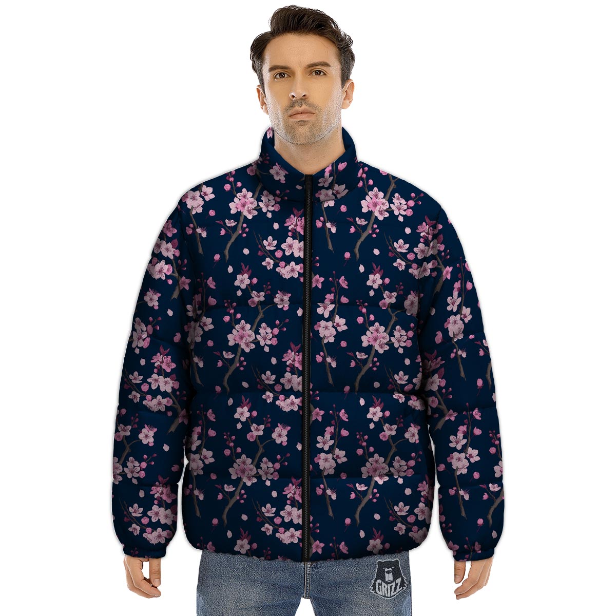 Cherry Blossom Sakura Print Pattern Puffer Jacket-grizzshop