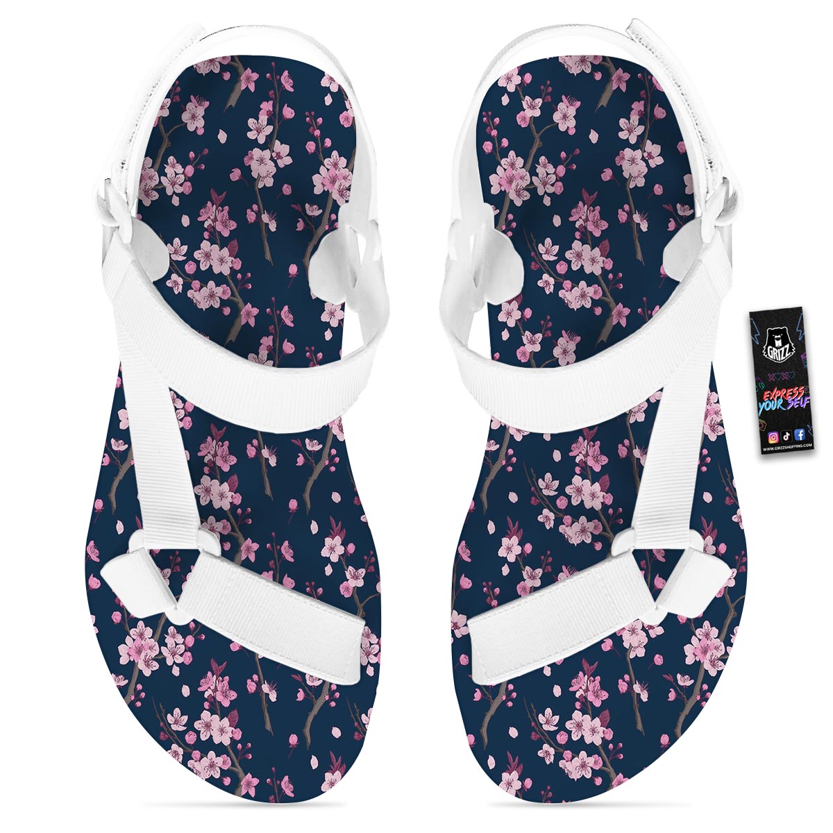 Cherry Blossom Sakura Print Pattern White Open Toe Sandals-grizzshop