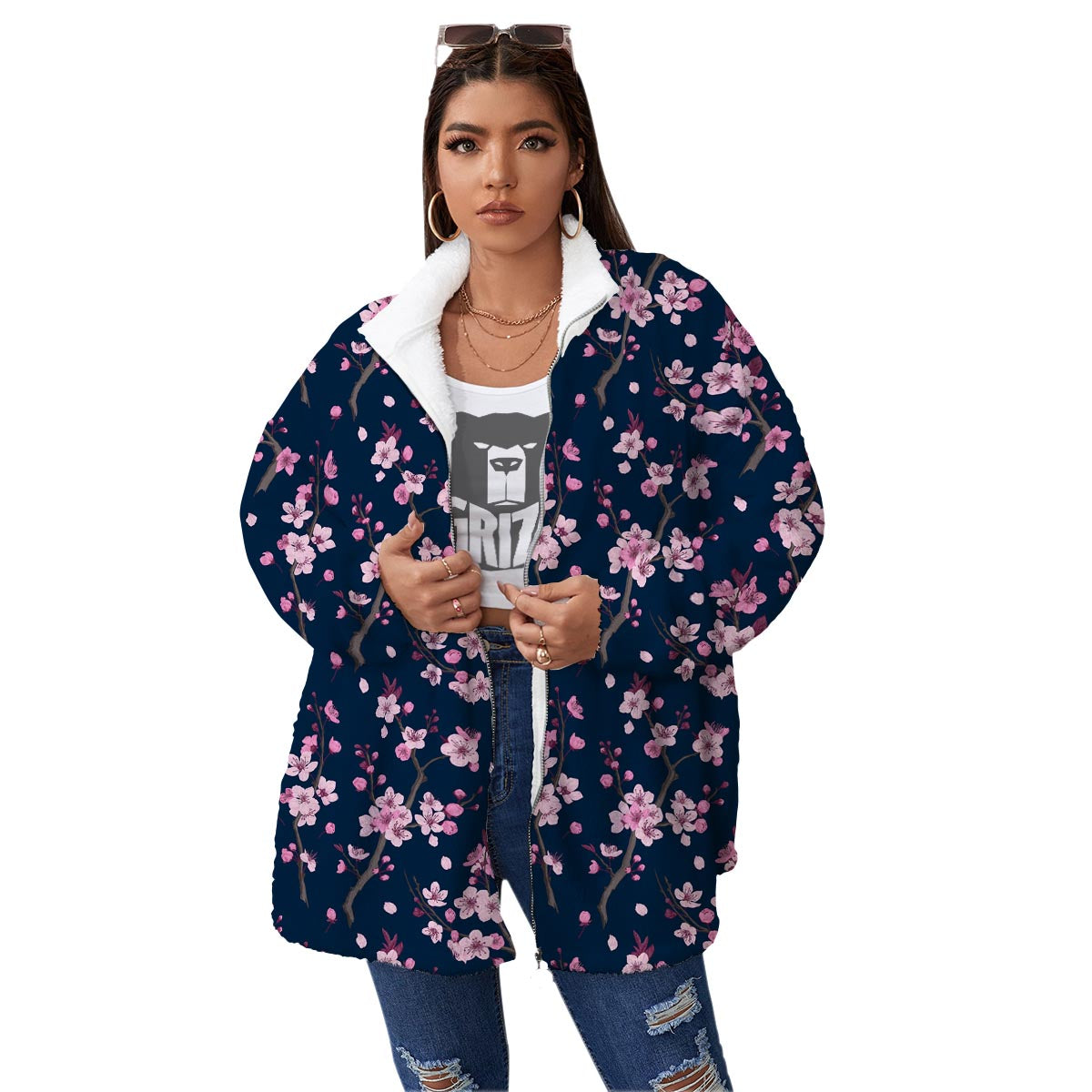 Cherry Blossom Sakura Print Pattern Women's Sherpa Jacket-grizzshop