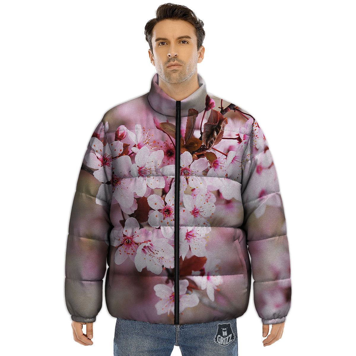 Cherry Blossom Sakura Print Puffer Jacket-grizzshop