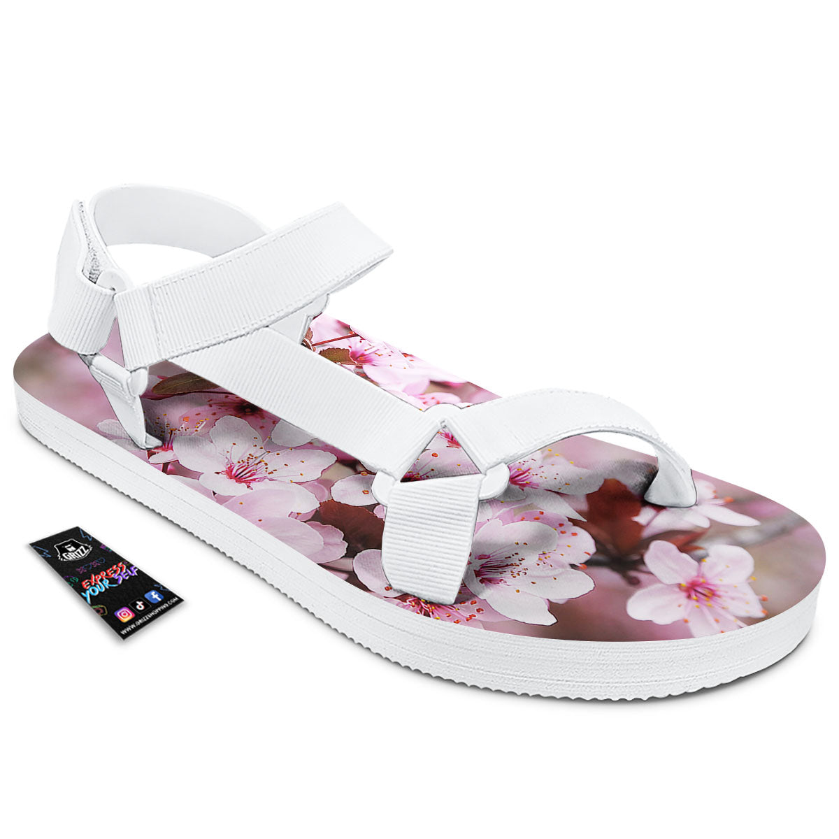 Cherry Blossom Sakura Print White Open Toe Sandals-grizzshop