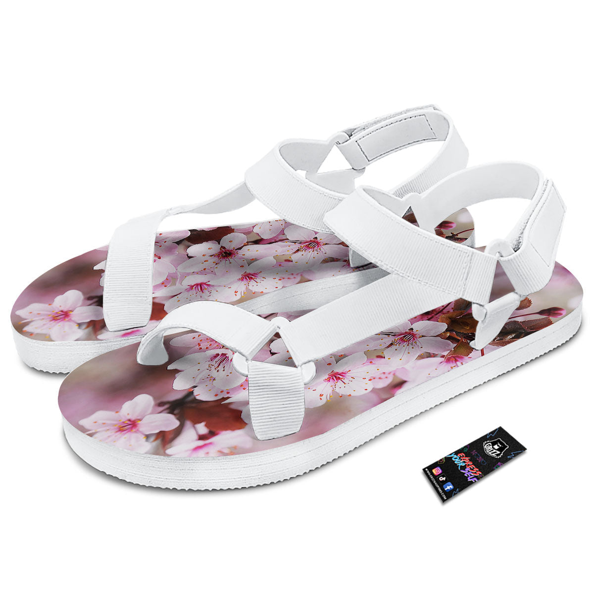 Cherry Blossom Sakura Print White Open Toe Sandals-grizzshop