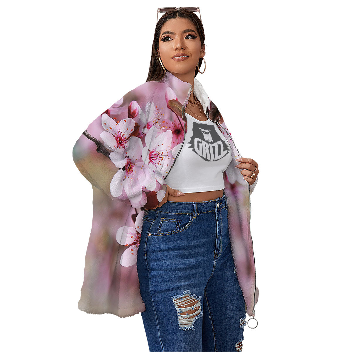 Cherry Blossom Sakura Print Women's Sherpa Jacket-grizzshop
