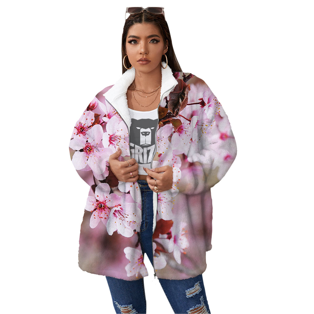 Cherry Blossom Sakura Print Women's Sherpa Jacket-grizzshop