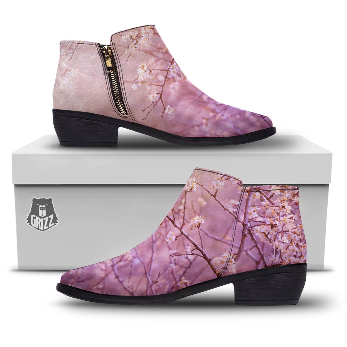 Cherry Blossom Sunrise Japanese Print Ankle Boots-grizzshop