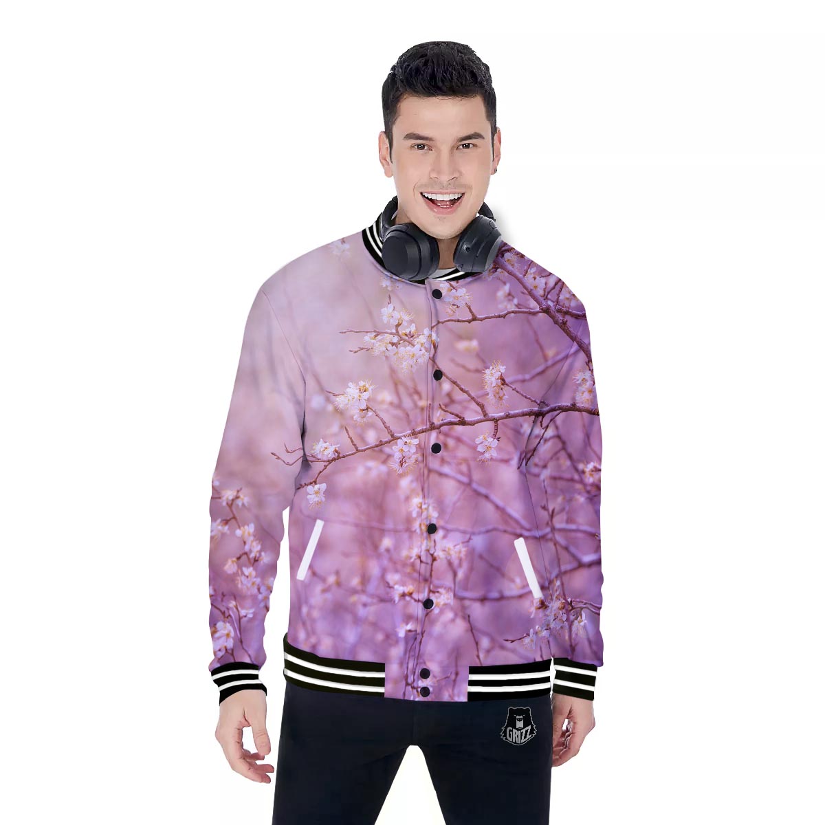Cherry Blossom Sunrise Japanese Print Baseball Jacket-grizzshop