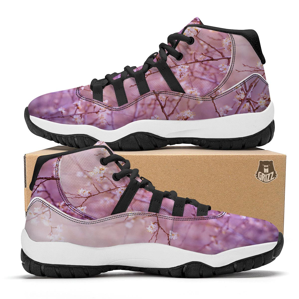 Cherry Blossom Sunrise Japanese Print Black Bball Shoes-grizzshop