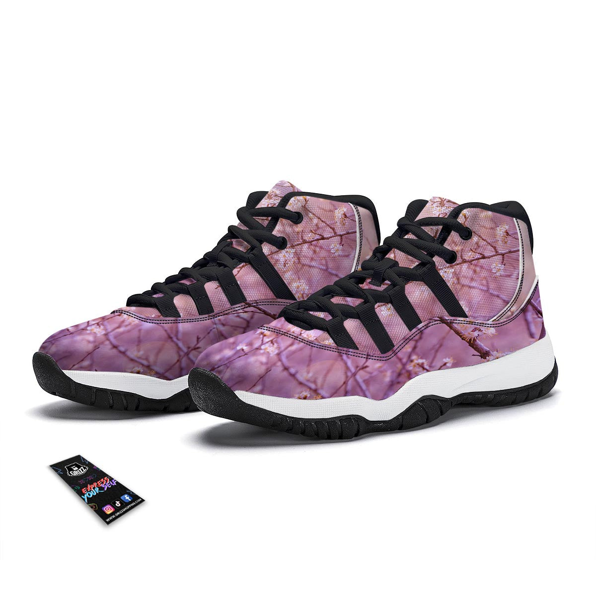 Cherry Blossom Sunrise Japanese Print Black Bball Shoes-grizzshop