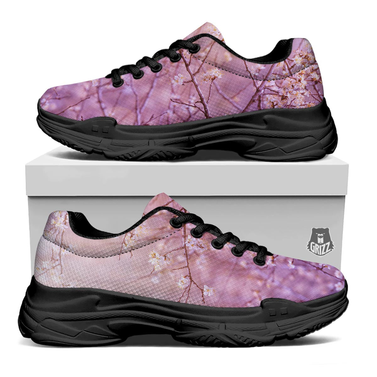 Cherry Blossom Sunrise Japanese Print Black Chunky Shoes-grizzshop