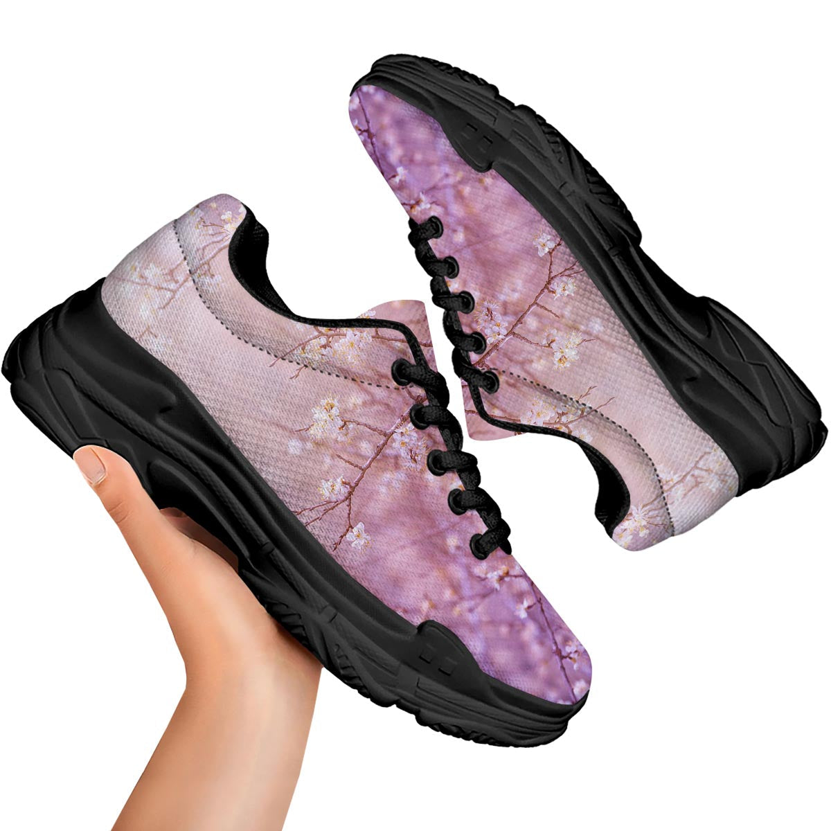 Cherry Blossom Sunrise Japanese Print Black Chunky Shoes-grizzshop