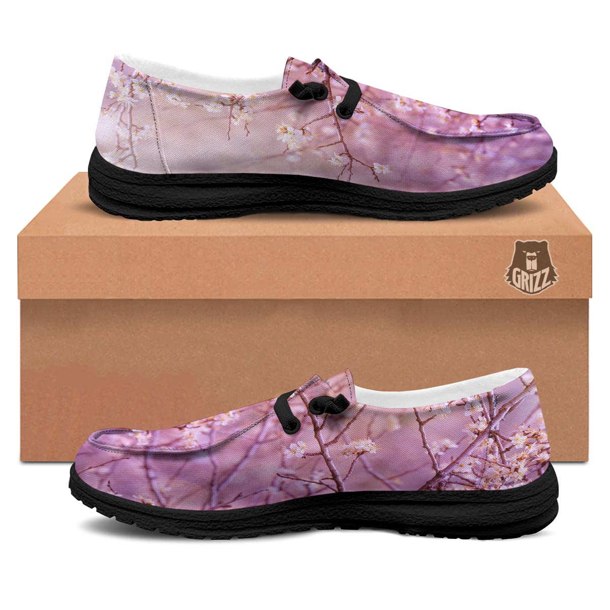 Cherry Blossom Sunrise Japanese Print Black Loafers-grizzshop