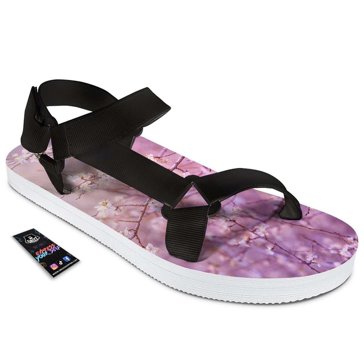 Cherry Blossom Sunrise Japanese Print Black Open Toe Sandals-grizzshop