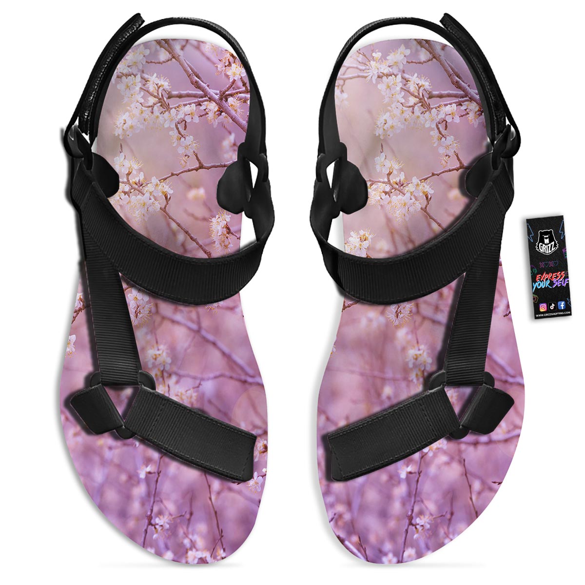 Cherry Blossom Sunrise Japanese Print Black Open Toe Sandals-grizzshop