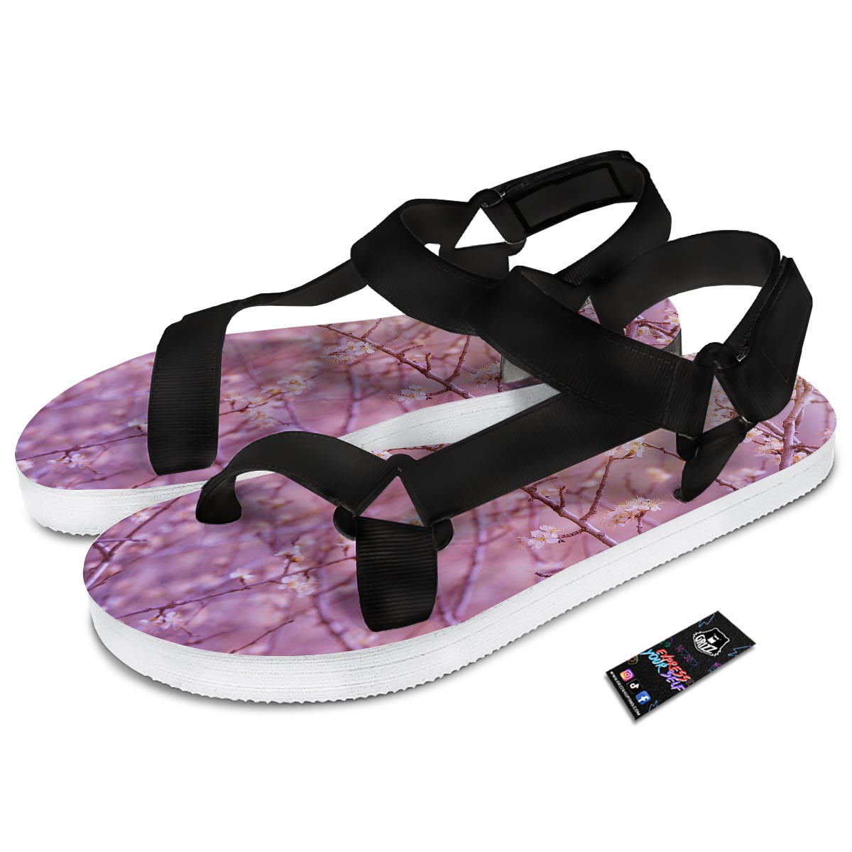 Cherry Blossom Sunrise Japanese Print Black Open Toe Sandals-grizzshop