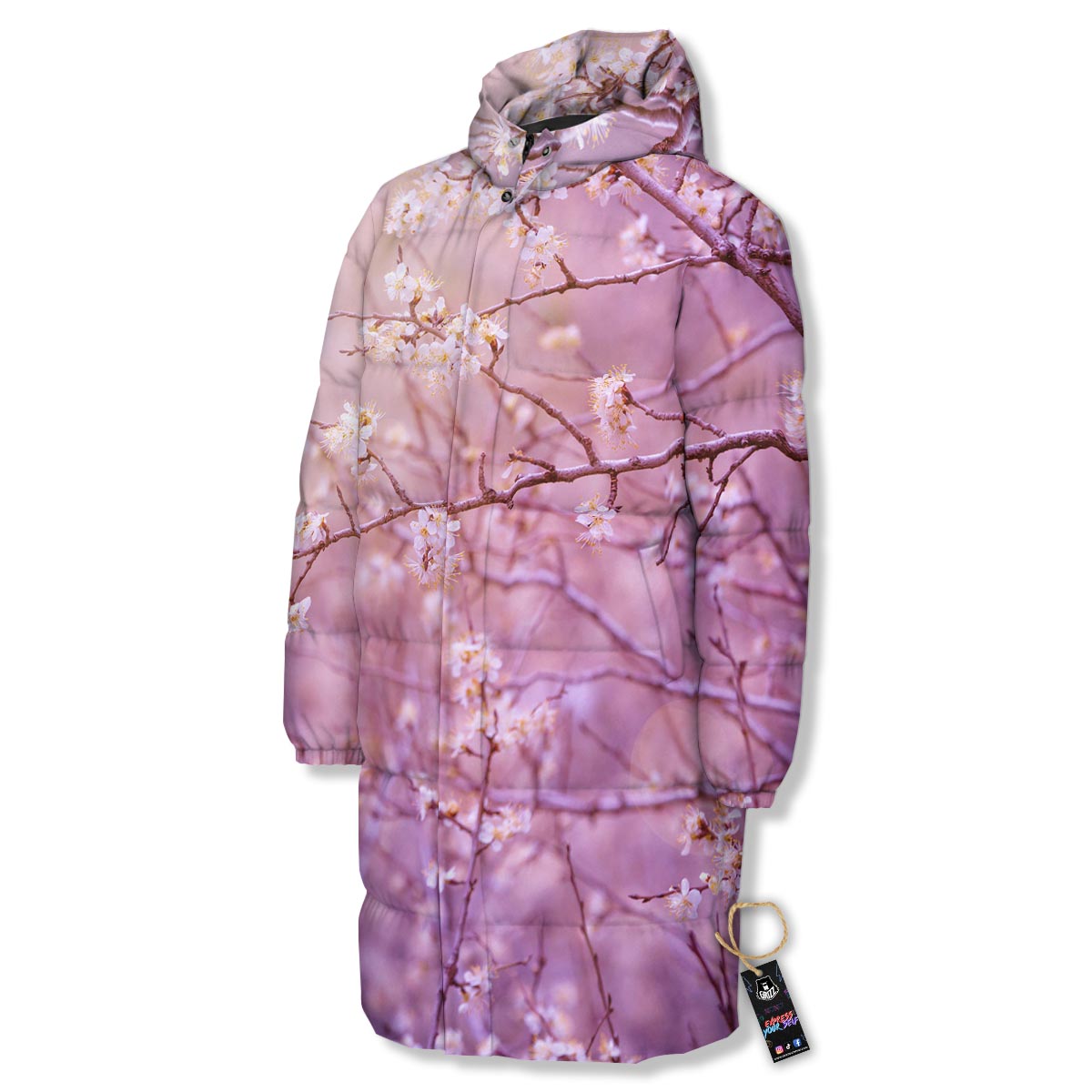 Cherry Blossom Sunrise Japanese Print Long Down Jacket-grizzshop