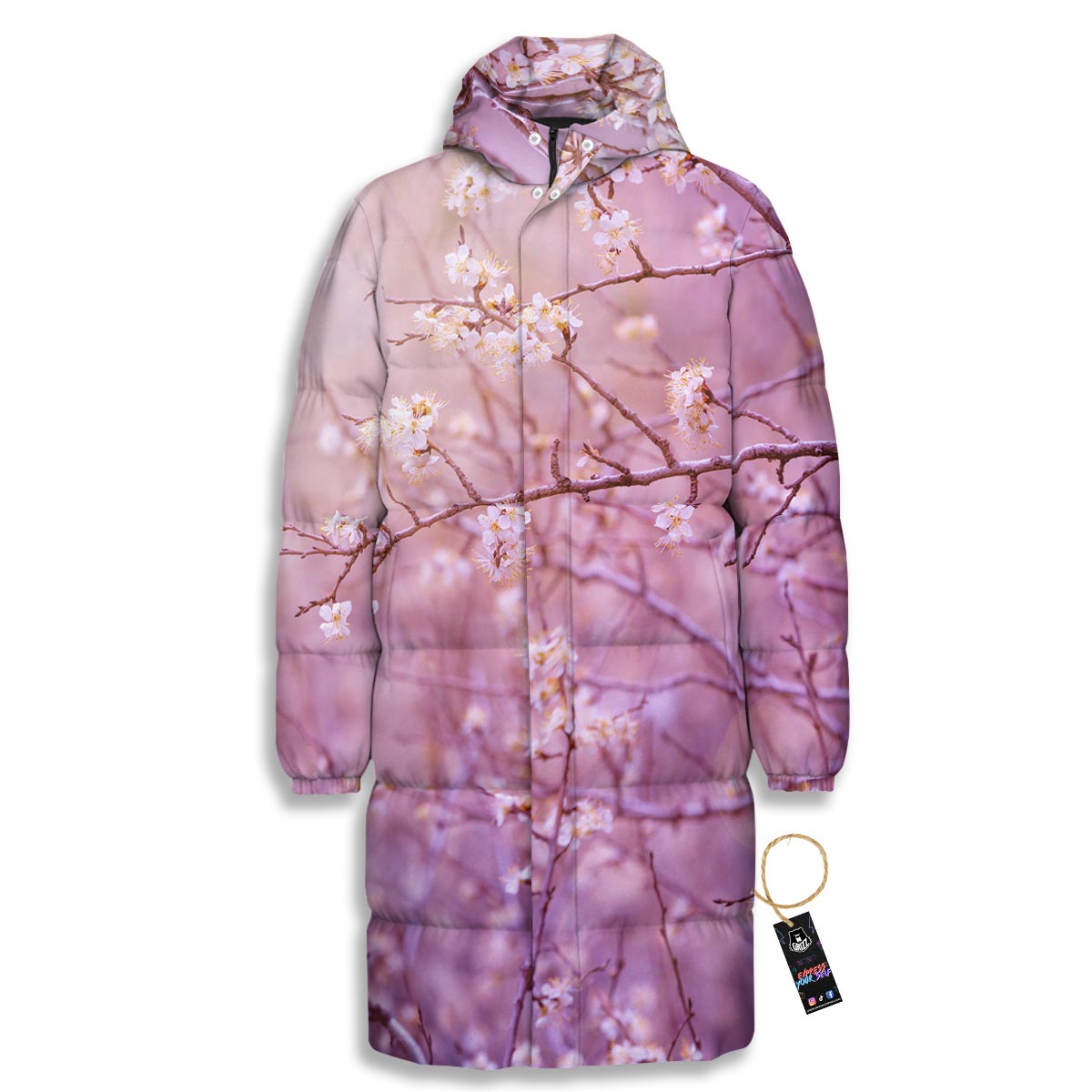 Cherry Blossom Sunrise Japanese Print Long Down Jacket-grizzshop