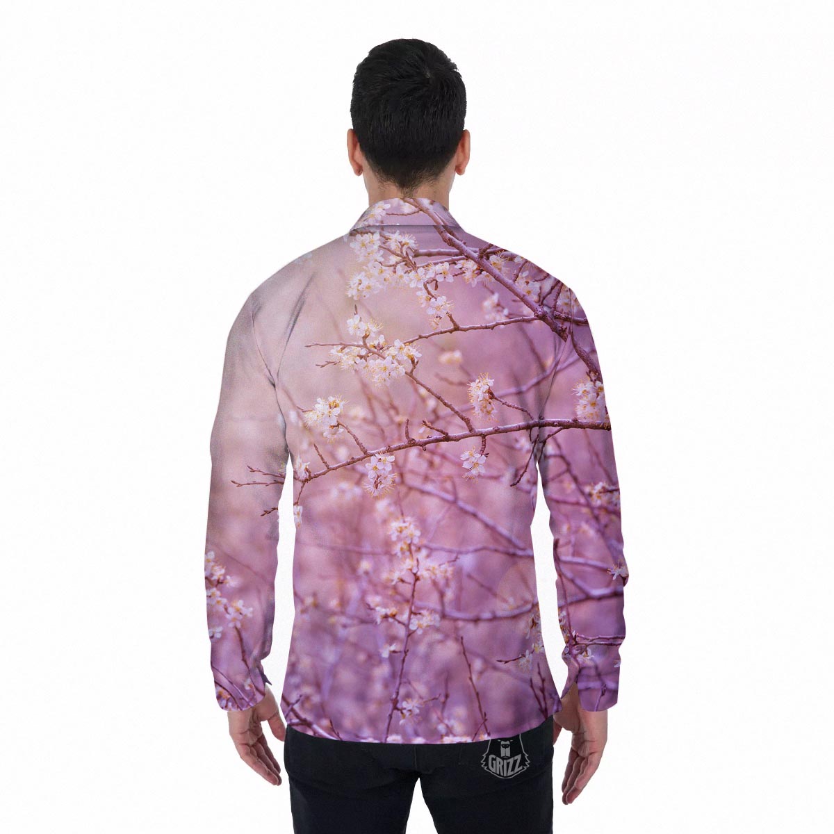 Cherry Blossom Sunrise Japanese Print Men's Long Sleeve Shirts-grizzshop