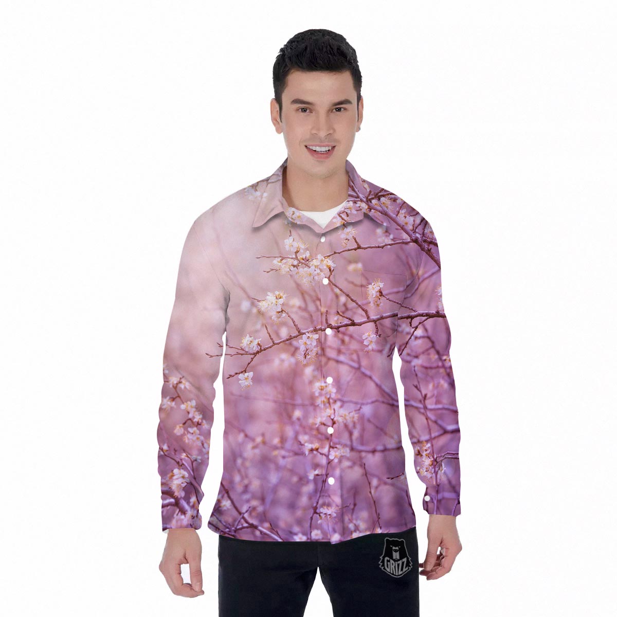Cherry Blossom Sunrise Japanese Print Men's Long Sleeve Shirts-grizzshop